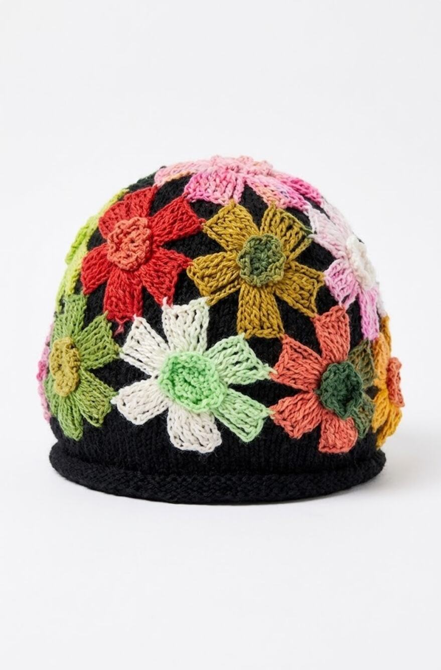 POL Black Flower Roll Hem Knit Bucket Hat NWT